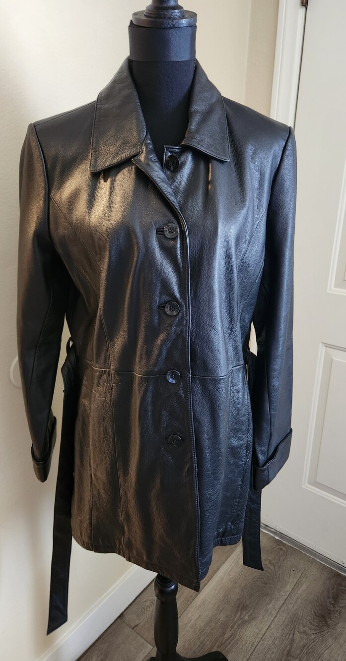 Classic Black Leather Belted Jacket - Women - Picture 2 of 9
